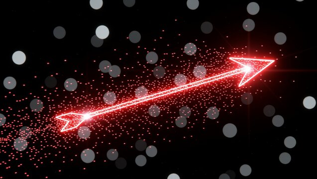 Red digital arrow with glowing particle trail in space