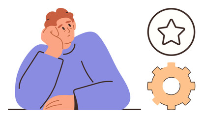 Person resting face on hand in contemplation with star and gear icons symbolizing evaluation, process, and decision-making. Ideal for mental health, creativity, productivity, problem-solving