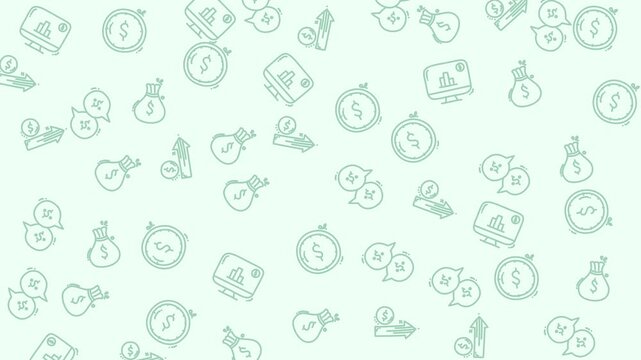 Seamless pattern of money and business icons on a light green background