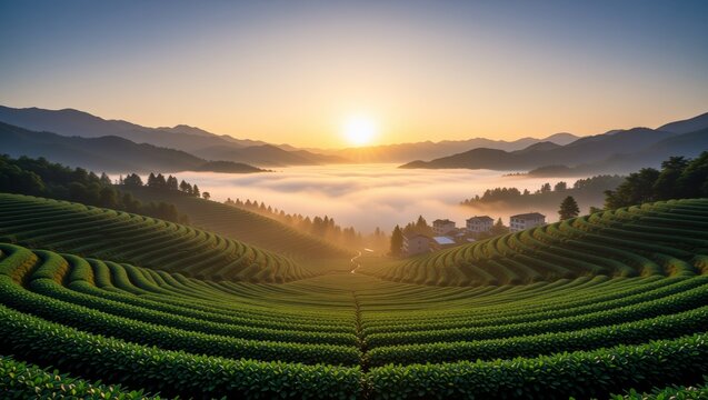 Sunrise over terraced tea fields with misty mountains - Powered by Adobe