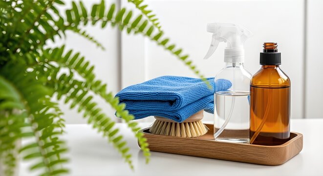 Cleaning supplies arranged on a wooden tray, featuring a spray bottle, amber glass container, blue cloth, and a natural brush, promoting effective household cleaning solutions