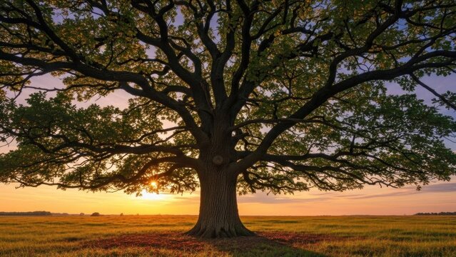 A majestic oak tree stands tall in a vast, open field, its branches reaching out towards the horizon under a clear, vibrant sky.