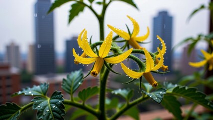 Fototapeta premium Yellow tomato flowers with dew drops against city skyline