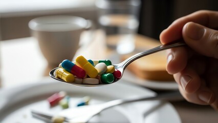 Pills on spoon with breakfast and water