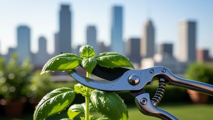 Pruning shears cutting basil plant with city skyline