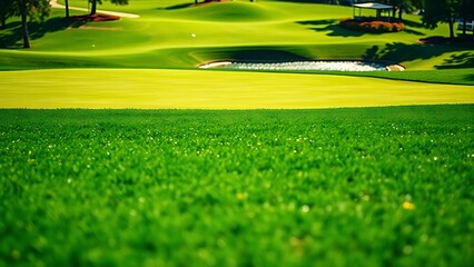oligarchy. A golf course with manicured grass and water hazards under a sunny sky. event key visuals, club posters, designed for sports event promotions and stadium branding, drives event promotion.