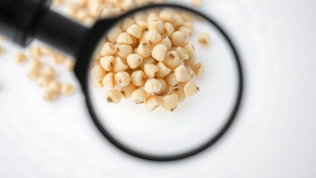 psyllium. A cluster of psyllium seeds under magnification, showing their gel-like coating on a white background. gardening catalogs, home-decor guides, designed for gardening and botanical catalogs.