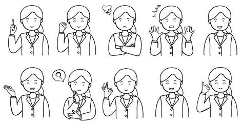 ポーズをとる若い女性のイラストセット　1色