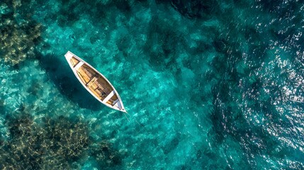 Aerial view of a small boat floating on crystal clear turquoise ocean water, showcasing vibrant marine life below.