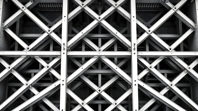 disequilibrium. Structural lattice of intersecting steel I-beams forming a repeating geometric pattern. real-estate listings.