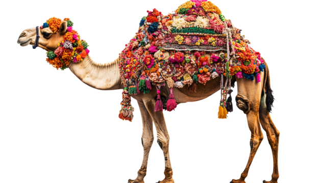 Vibrant camel adorned with colorful textiles and tassels for festive occasions - Powered by Adobe