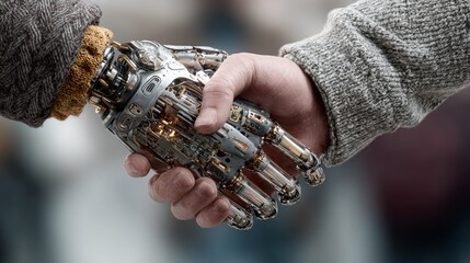 Futuristic handshake between human and advanced robot representing technology, innovation, and collaboration in a modern world