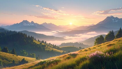 Sunlight breaks through a hazy sky over a landscape of green, flower-dotted hills and distant mist-filled mountains.