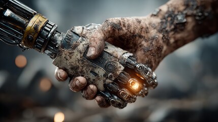 Human and robotic hands clasping in a futuristic handshake symbolizing technology, collaboration, and innovation with a glowing light