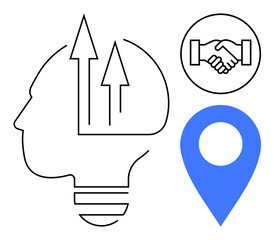 Business development. Business profile with arrows, handshake icon for collaboration, and blue location pin progress and strategy. For teamwork, networking, innovation, entrepreneurship, marketing