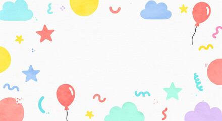 Colorful Children’s Day background with balloons, stars, clouds, and playful abstract shapes in soft pastel watercolor style. Fun, cute, cheerful design for kids celebration and party decoration.