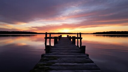 Calm summer sunset seascape scene from a wooden pier over the ocean horizon
