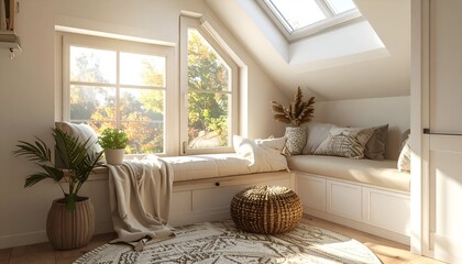 Cozy attic room with window seat, plants, natural light, and neutral tones