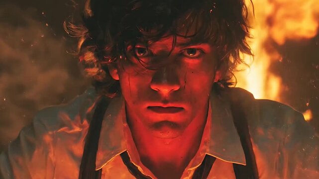 Portrait of a Young Man with Bandaged Hand Staring Intensely Amidst Fire