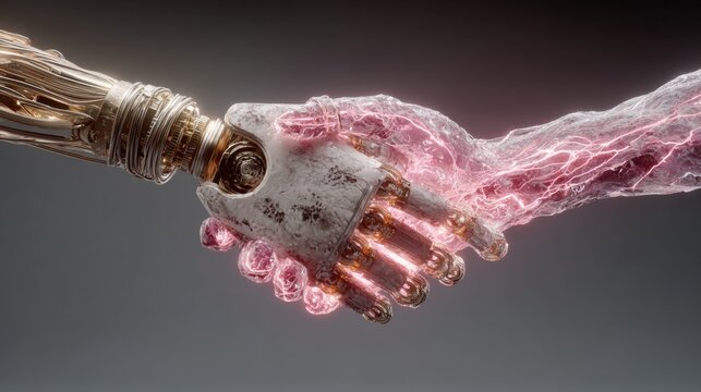 Futuristic handshake between human and AI, symbolizing collaboration, technology, and the future of innovation with glowing energy