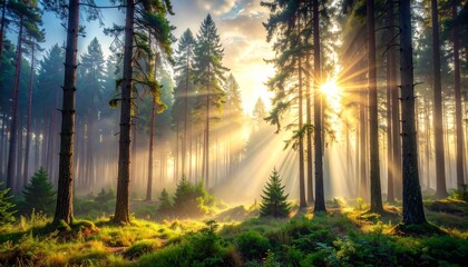 Fototapeta premium Warm rays of sunlight stream through the tall pine trees of a foggy, sun-drenched forest.