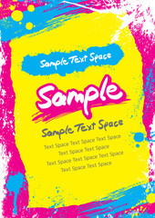 Pink background with yellow torn pieces of paper and scattered light blue and white ink