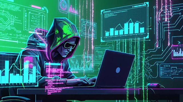 Cyberpunk Illustration of a Hooded Figure Typing on a Laptop