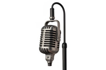 Vintage silver microphone on stand, broadcasting sound and music, a classic audio recording equipment concept