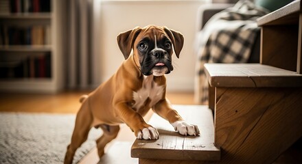Playful Puppy's Staircase Adventure: A charming young boxer puppy curiously stands at the edge of a staircase indoors, exhibiting youthful exploration and adorable curiosity.