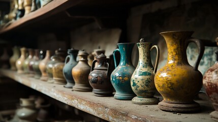 A beautiful collection of antique pottery displayed on a wooden shelf. Each piece tells a unique story. Discover the charm and history of these timeless artifacts. Generative AI