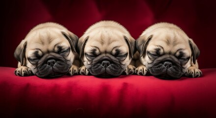Sleeping Pug Trio: Three adorable pug puppies, their eyes closed in slumber, lie peacefully against a soft red backdrop, symbolizing comfort and tranquility.
