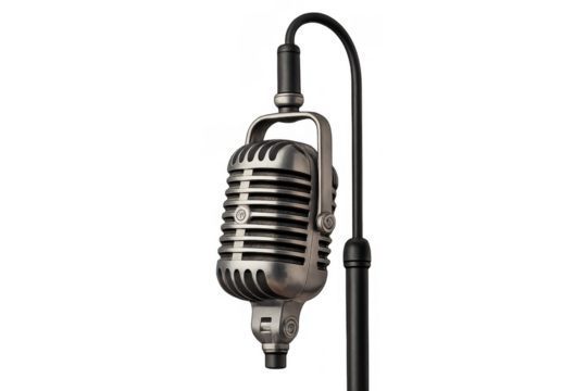 Vintage silver microphone on stand, broadcasting sound and music, a classic audio recording equipment concept - Powered by Adobe