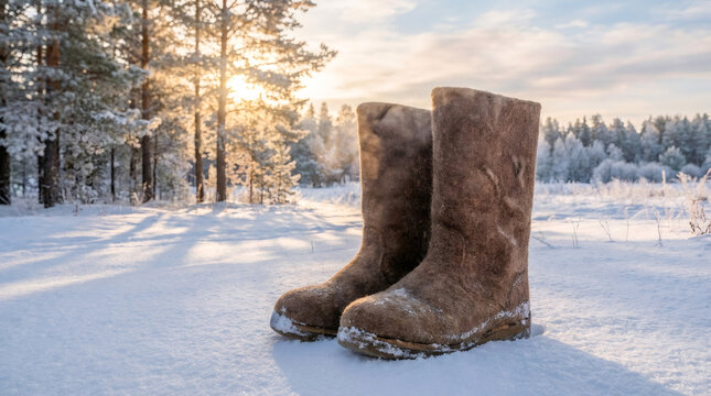 Traditional felt boots standing in snow in a winter forest at sunset. Warm wool valenki footwear outdoors