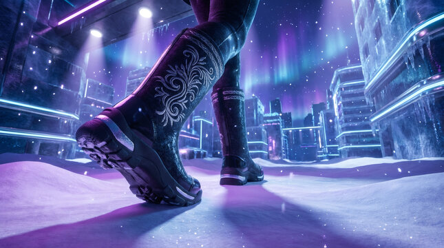 Close up of stylish black boots walking on snow in a futuristic city. Cyberpunk winter street scene with neon lights and aurora borealis. Fashionable footwear with floral embroidery