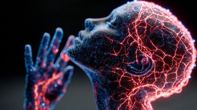 Brain and body connection visualized with vibrant glowing network, representing thoughts, ideas, and innovation for modern concepts