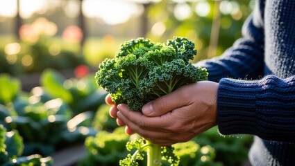Hands holding fresh kale in garden