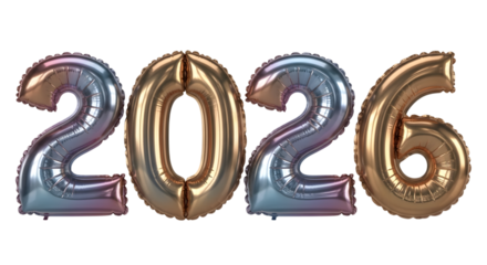 Foil balloon numbers forming 2026 isolated on transparent background
