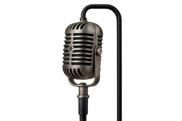 Vintage microphone on stand capturing classic sound for broadcasting, recording, podcasting, and live performance with retro style