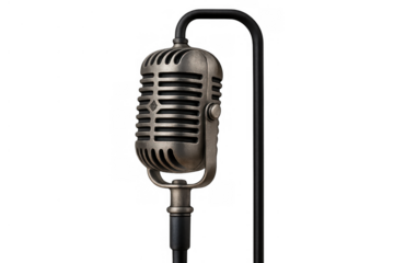 Vintage microphone on stand capturing classic sound for broadcasting, recording, podcasting, and live performance with retro style