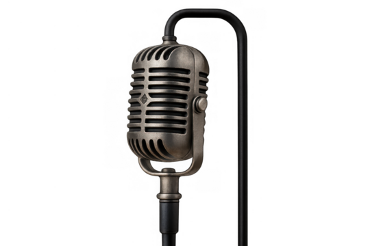Vintage microphone on stand capturing classic sound for broadcasting, recording, podcasting, and live performance with retro style