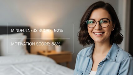 Woman smiling in bedroom with mindfulness scores