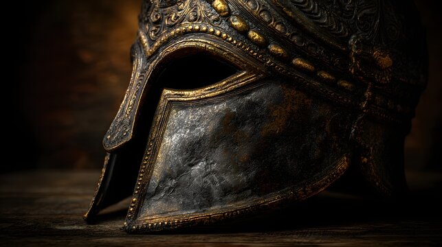 Ancient Roman or Greek Warrior Helmet with Ornate Details and Weathered Texture.