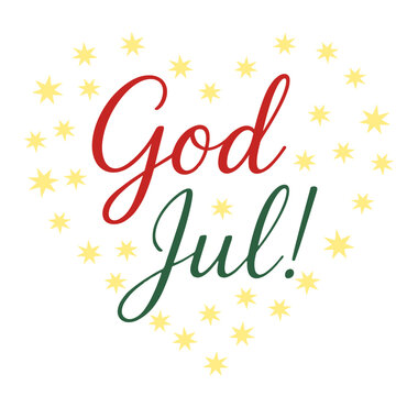 Swedish text God Jul with gold stars in heart shape, simple Scandinavian Christmas greeting