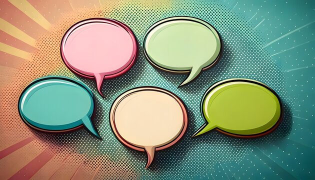 Vibrant collection of empty speech bubbles representing diverse communication, conversation, and idea exchange, set against a dynamic graphic background