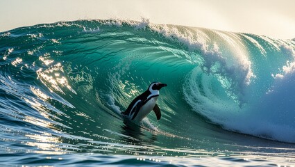 Penguin riding massive ocean wave