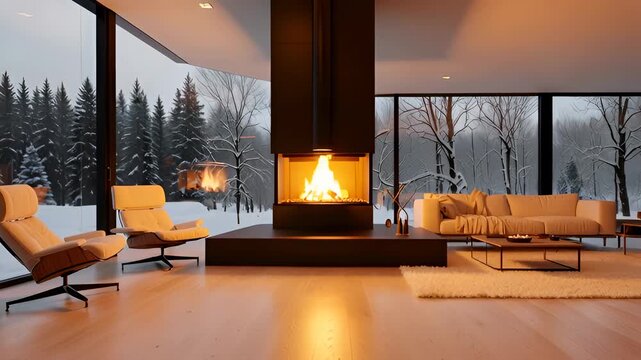 Luxury Modern Living Room with Fireplace and Panoramic Windows Overlooking Snowy Winter Forest