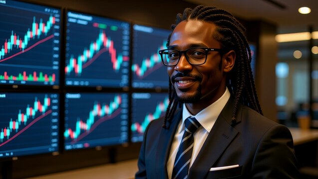Businessperson in front of stock market charts