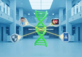 DNA helix central to digital health network with medical and security icons