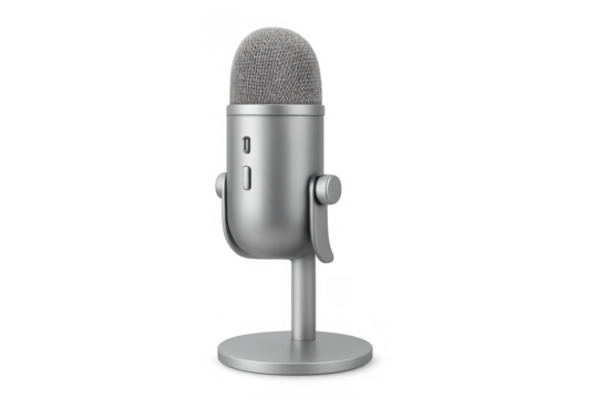 Professional studio microphone generating audio recording for podcasting and broadcasting with gray metal finish