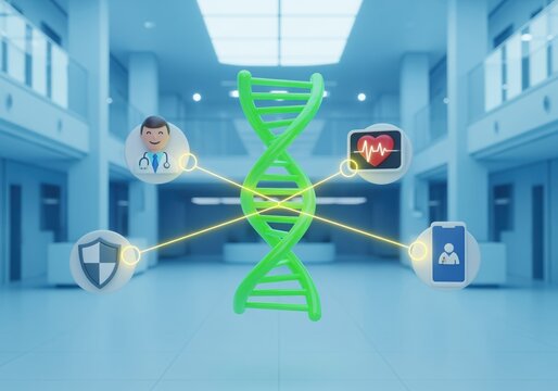 DNA helix central to digital health network with medical and security icons